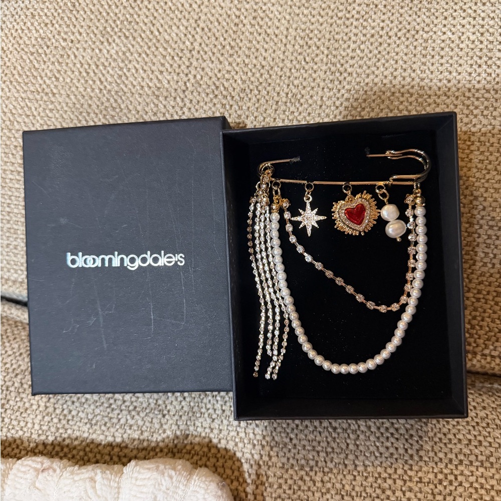 Gold Multi-Chain Brooch with Pearl Strands and Red Heart